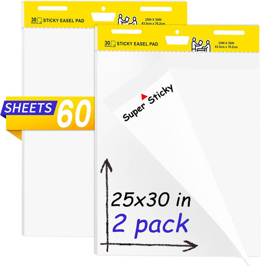 Sticky Easel Pad, Flip Chart Paper for Teachers 25 x 30 Inches, Super Sticky Bleed Resistant, Large White Premium Self Stick Easel Paper, 30 Sheets/Pad, 2 Pads