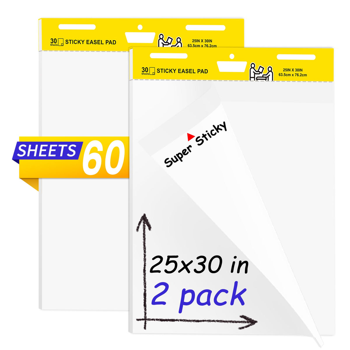 Sticky Easel Pad, Flip Chart Paper for Teachers 25 x 30 Inches, Super Sticky Bleed Resistant, Large White Premium Self Stick Easel Paper, 30 Sheets/Pad, 2 Pads