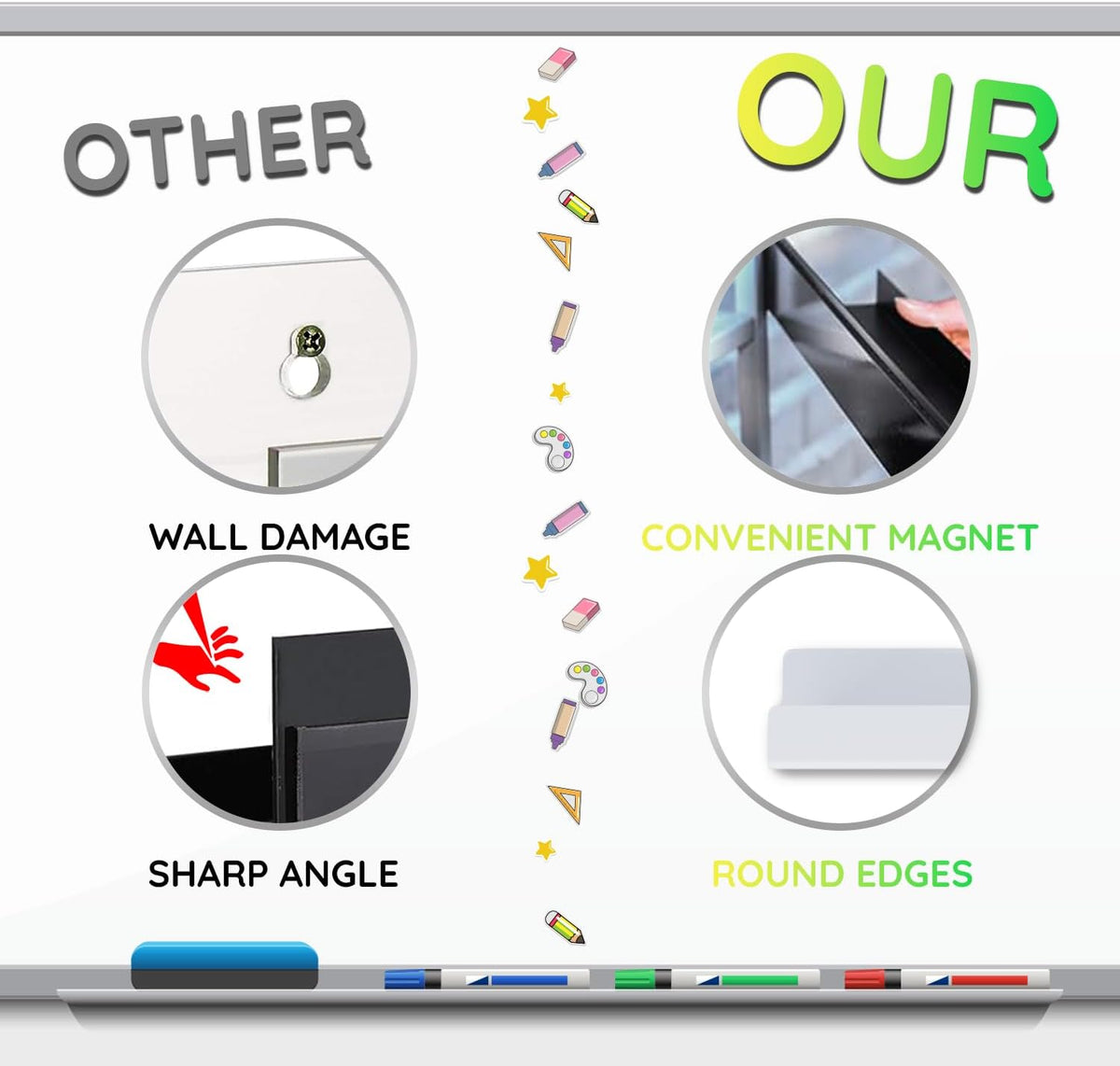 2 Pcs Magnetic Book Shelf for Whiteboard with Magnetic Pen Holder