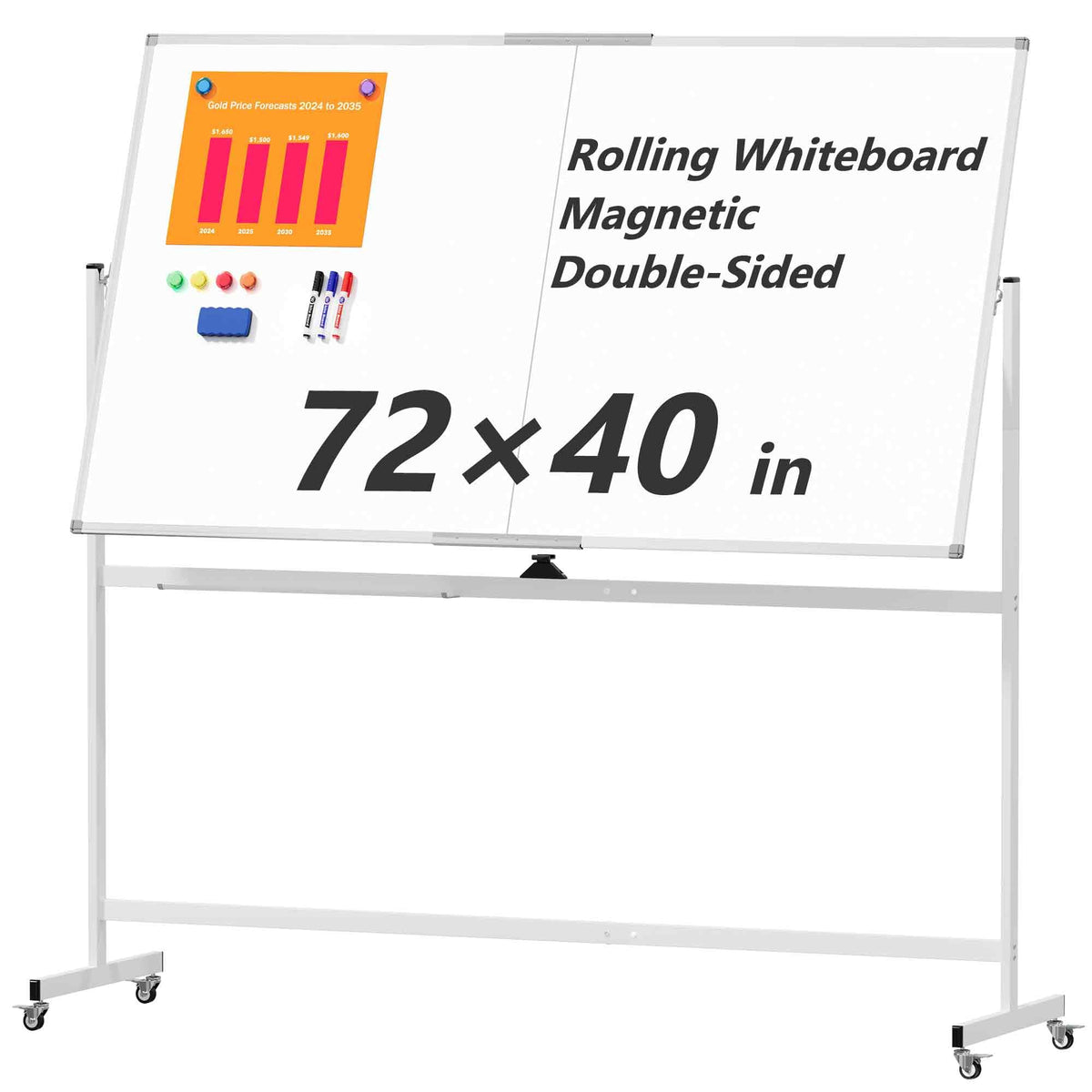Large Rolling Whiteboard on Wheels, 48" x 36" Double-Sided Mobile White Board with Stand, 4' x 3' Portable Standing Magnetic Dry Erase Board Easel for Home Office Classroom School, Silver