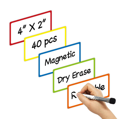 Dry Erase Magnetic Labels 4x2 Inch White, Reusable Magnetic Dry Erase Labels for Classroom Office Whiteboards，Pack of 40