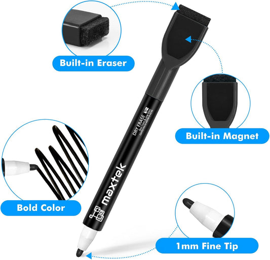 maxtek Magnetic Black Dry Erase Markers with Eraser, Fine Tip, 6 Count