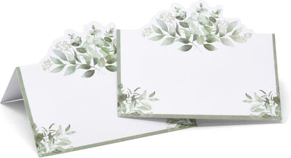 Gift Boutique 100 Pack Eucalyptus Greenery Place Cards Floral Green Leaves Seating Name Card Folded Tent Cards for Baby Shower Reception Tables Placement Party Decorations 2" x 3.5"