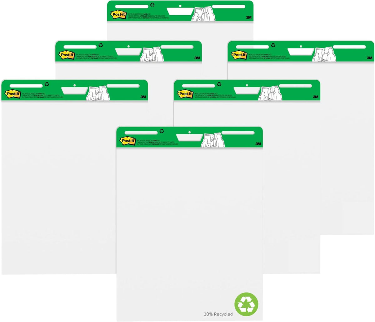 Post-it Easel Pad made with Recycled Paper, 25 in x 30 in, White, 30 Sheets/Pad, 6 Pads/Pack, Great for Virtual Teachers and Students (559RP-VAD6)