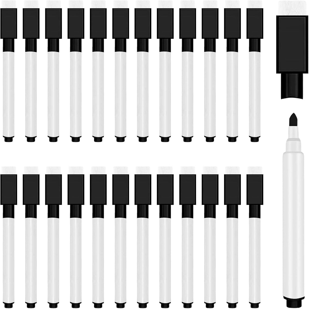 25 Pcs Dry Erase Markers, Fine Point, Magnetic Eraser Cap, Black