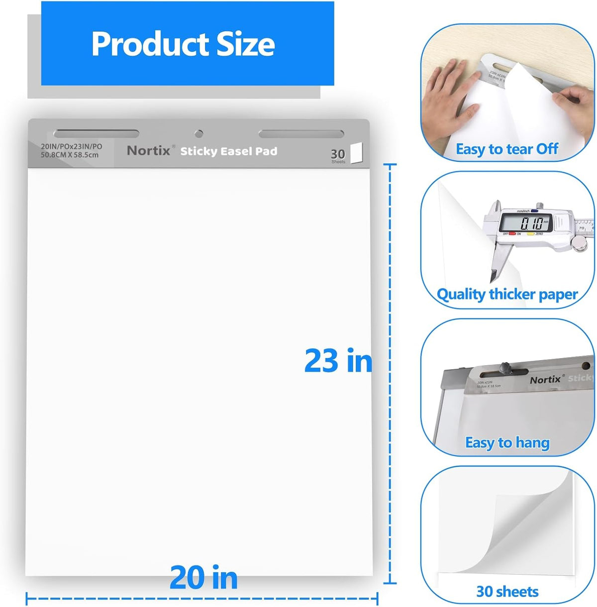Nortix Sticky Easel Pad, Flip Chart Paper, 20 x23 inch, 30 Sheets/Pad, 6 Pads, Chart Paper for Teachers,Super Adhesive & Bleed-Resistant, Large Self-Stick Easel Paper for Classroom/Office/Home