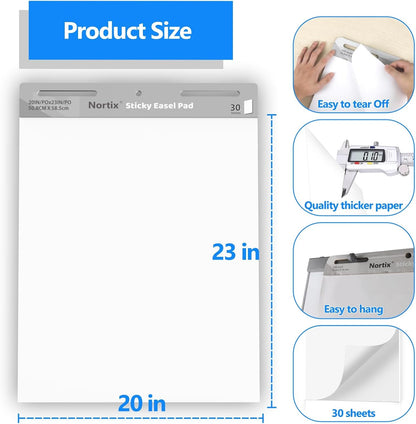 Nortix Sticky Easel Pad, Flip Chart Paper, 20 x23 inch, 30 Sheets/Pad, 6 Pads, Chart Paper for Teachers,Super Adhesive & Bleed-Resistant, Large Self-Stick Easel Paper for Classroom/Office/Home