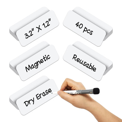 Dry Erase Magnetic Labels 4x2 Inch White, Reusable Magnetic Dry Erase Labels for Classroom Office Whiteboards，Pack of 40