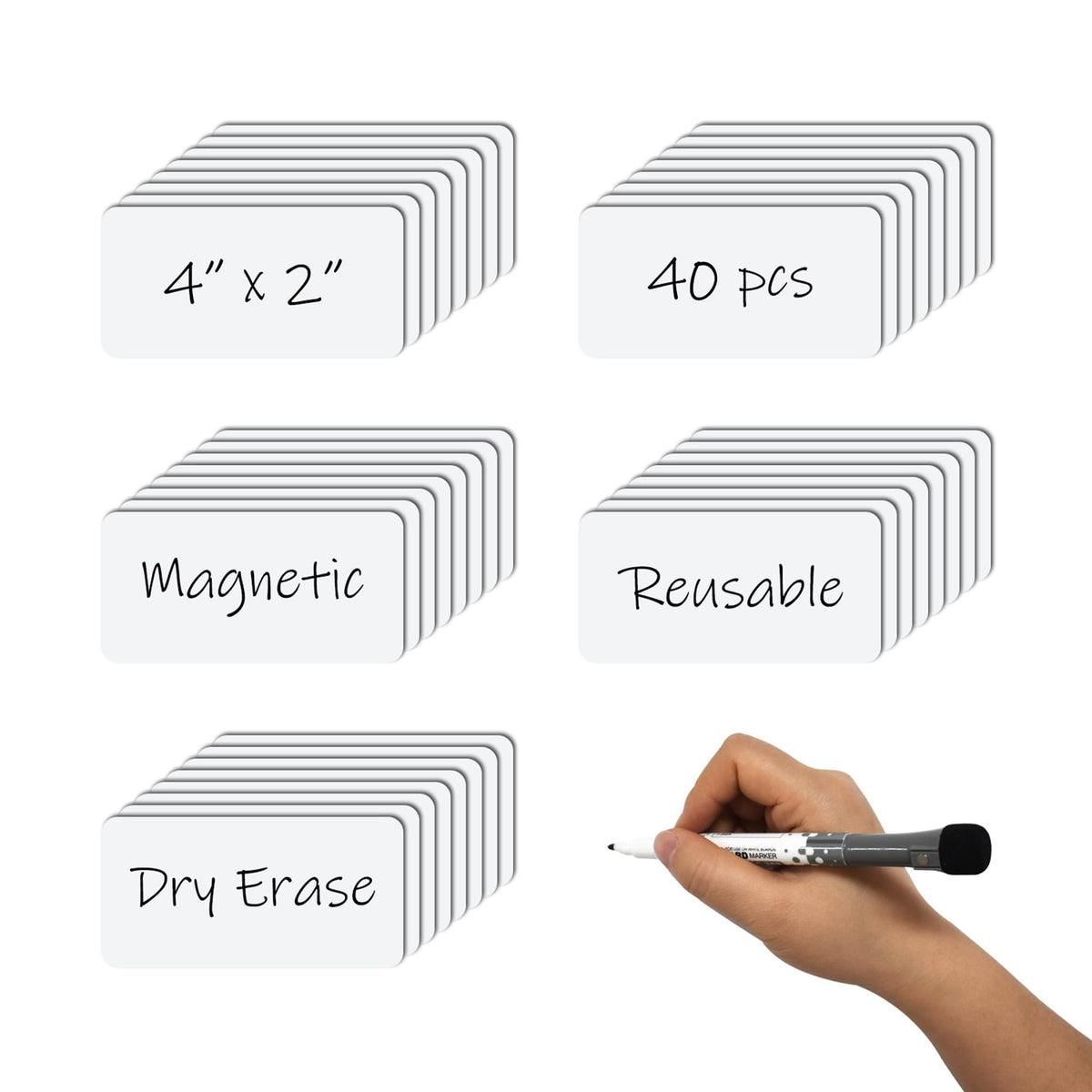 Dry Erase Magnetic Labels 4x2 Inch White, Reusable Magnetic Dry Erase Labels for Classroom Office Whiteboards，Pack of 40