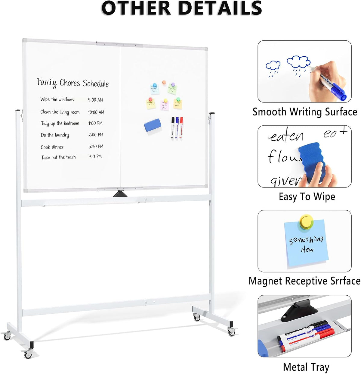 Large Rolling Whiteboard on Wheels, 48" x 36" Double-Sided Mobile White Board with Stand, 4' x 3' Portable Standing Magnetic Dry Erase Board Easel for Home Office Classroom School, Silver