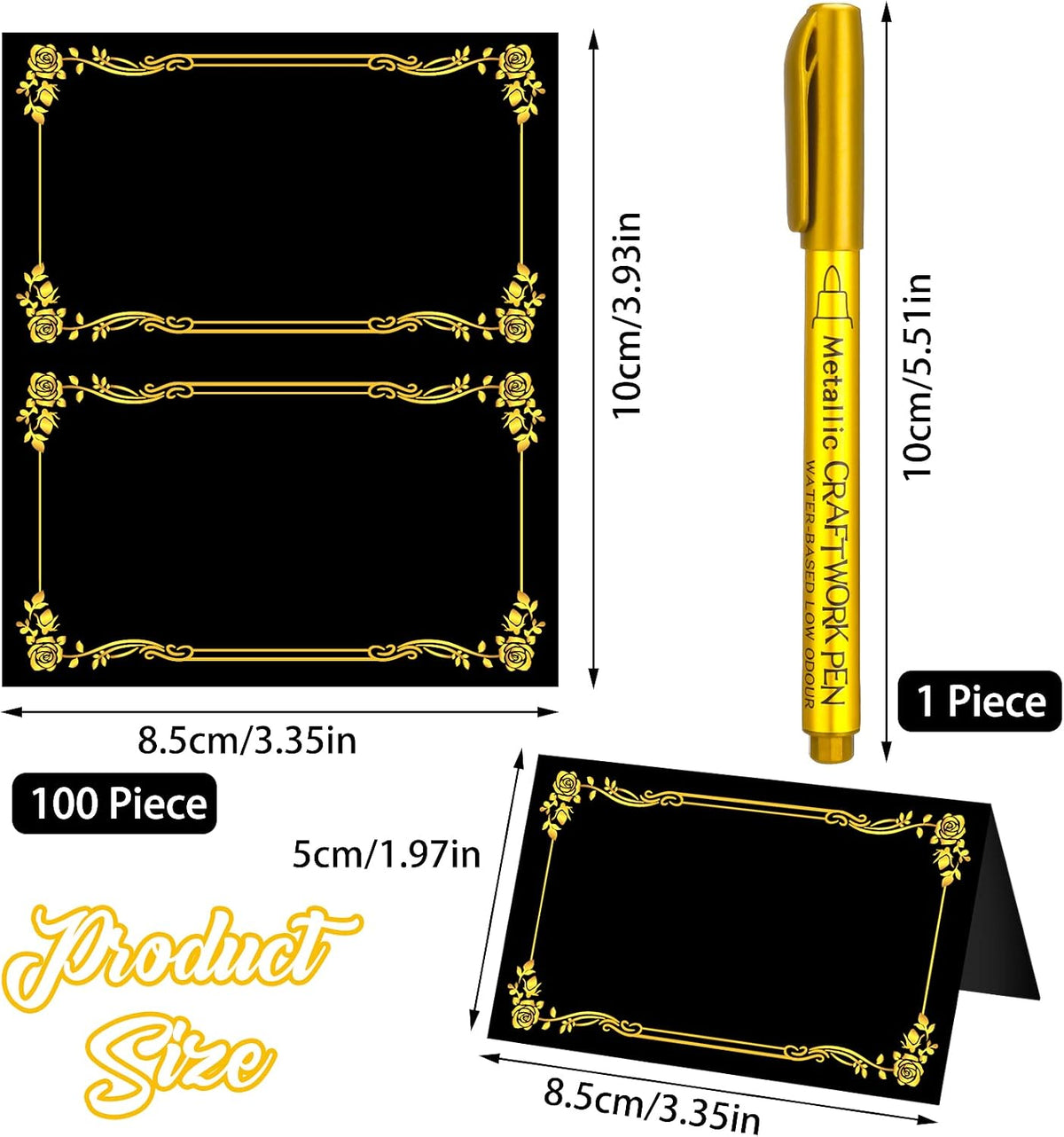 100 Pcs Black Place Cards and Gold Pen for Weddings