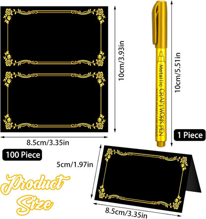 100 Pcs Black Place Cards and Gold Pen for Weddings