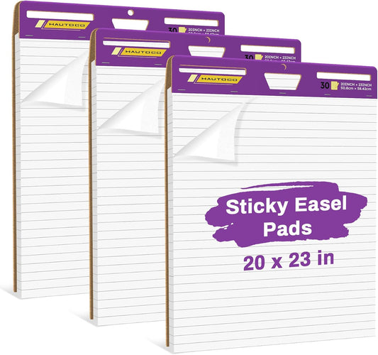 HAUTOCO Sticky Easel Pads 20x23 In, 3 Pack White Lined Flip Chart Paper
