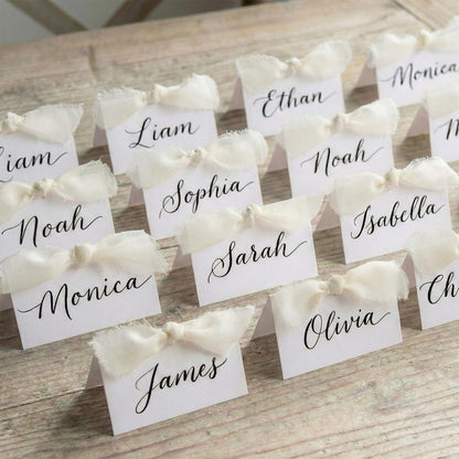 50Pcs Premium Place Cards, Small Table Cards with Green Ribbon, 2" x 3.5" Tent Card, Name Card, Wedding Place Cards for Wedding, Valentines Day, Table, Dinner Parties, Seating Card