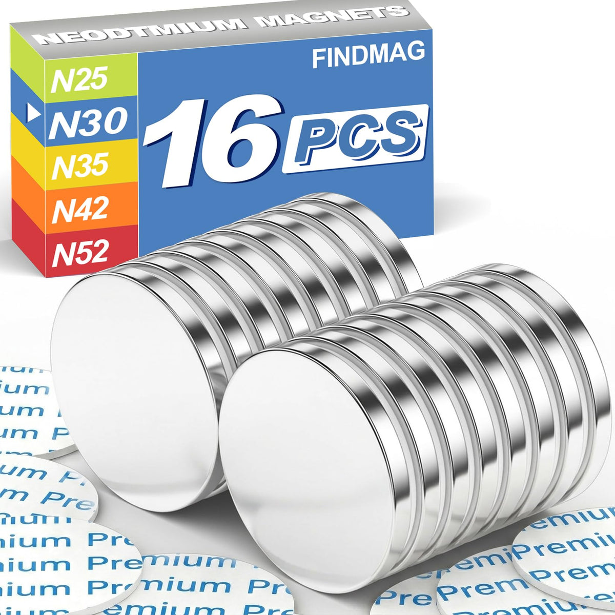 FINDMAG 4 Pcs Neodymium Disc Magnets, Adhesive Magnets, 1.18'' D x 1/8'' H