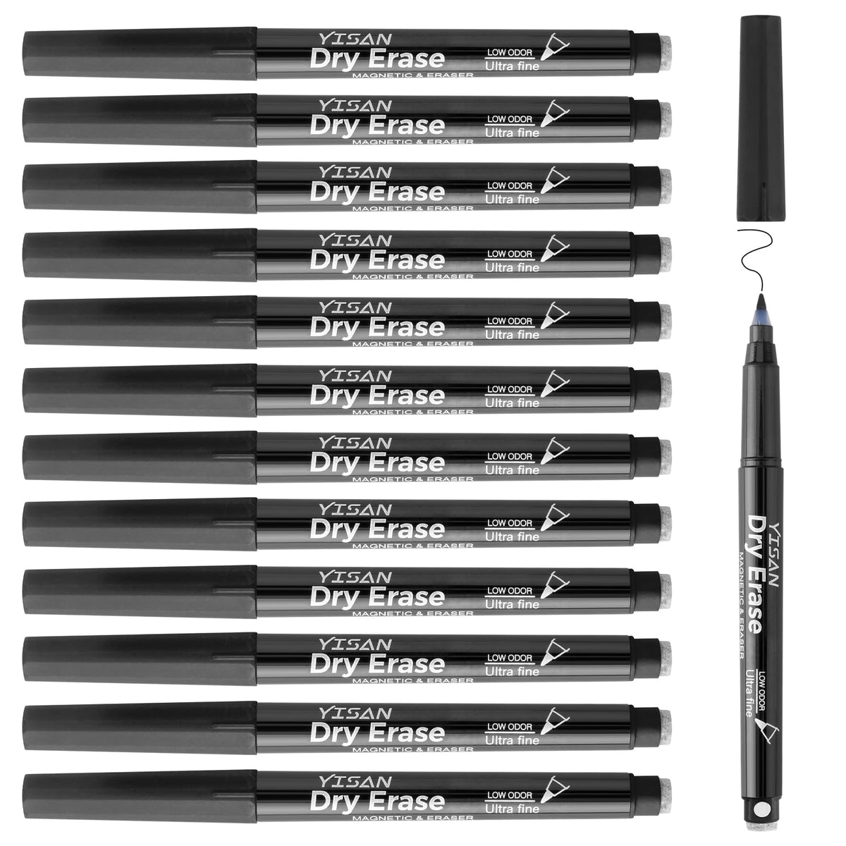 YISAN Magnetic Dry Erase Markers Ultra Fine Tip,Black,0.7mm