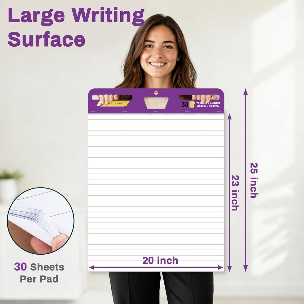 HAUTOCO Sticky Easel Pads 20x23 In, 3 Pack White Lined Flip Chart Paper