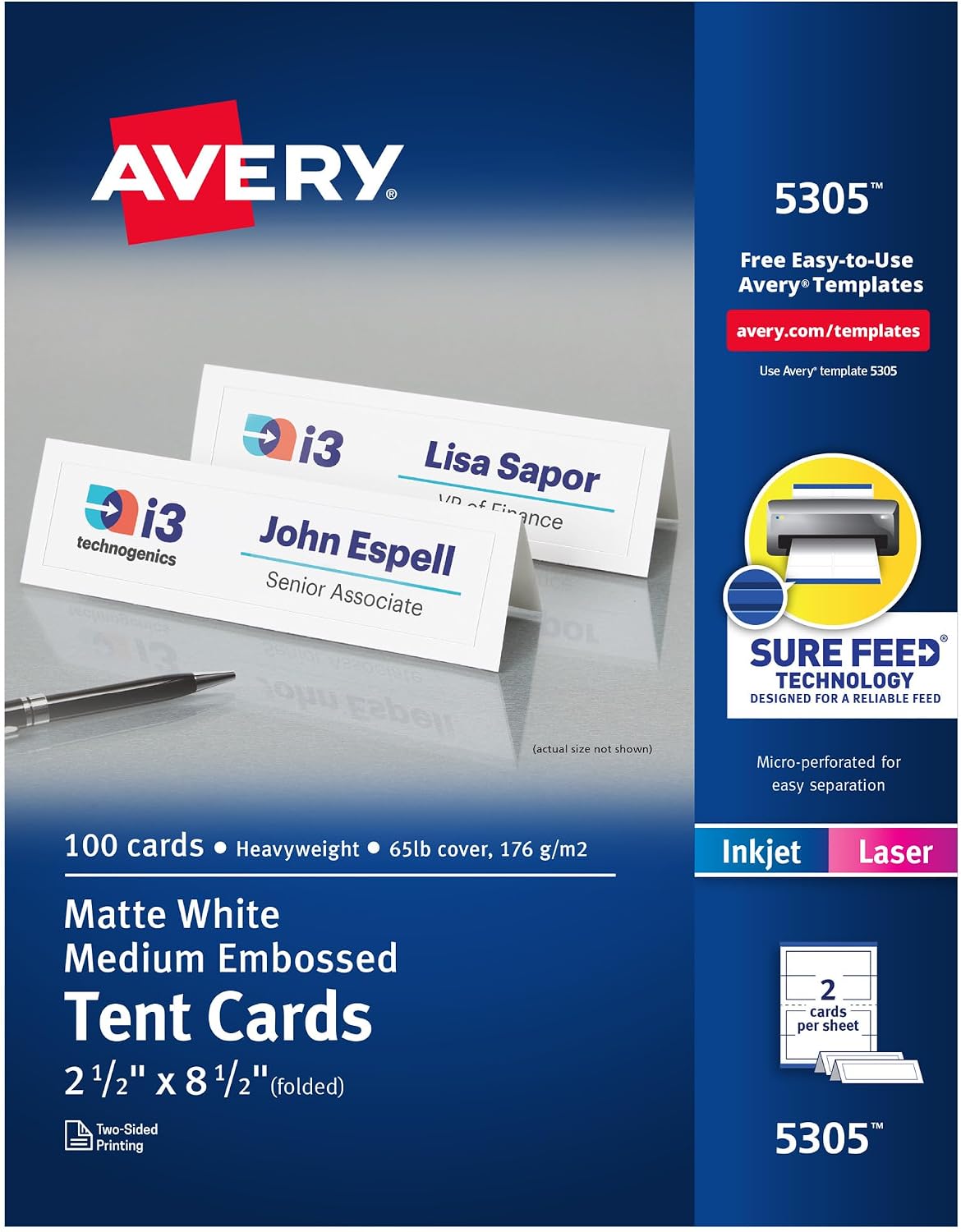 Avery Printable Tent Cards, 2.5" x 8.5", Matte White, 100 Place Cards