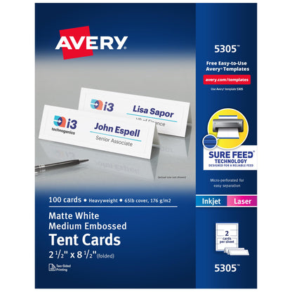 Avery Printable Tent Cards, 2.5" x 8.5", Matte White, 100 Place Cards