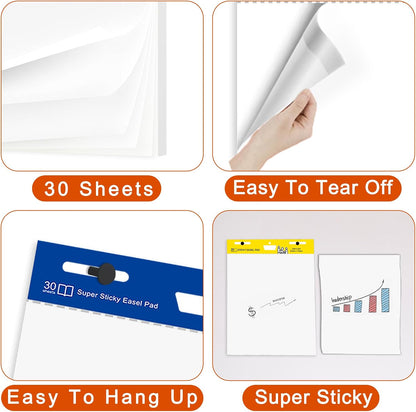 Super Sticky Easel Pad,25 in x 30 in Self Stick Flip Chart Paper,30 Sheets/Pad,2 Pad/Pack,Large White Premium Anchor Chart Paper,Easel Paper for Teachers,Businessmen,Office Workers