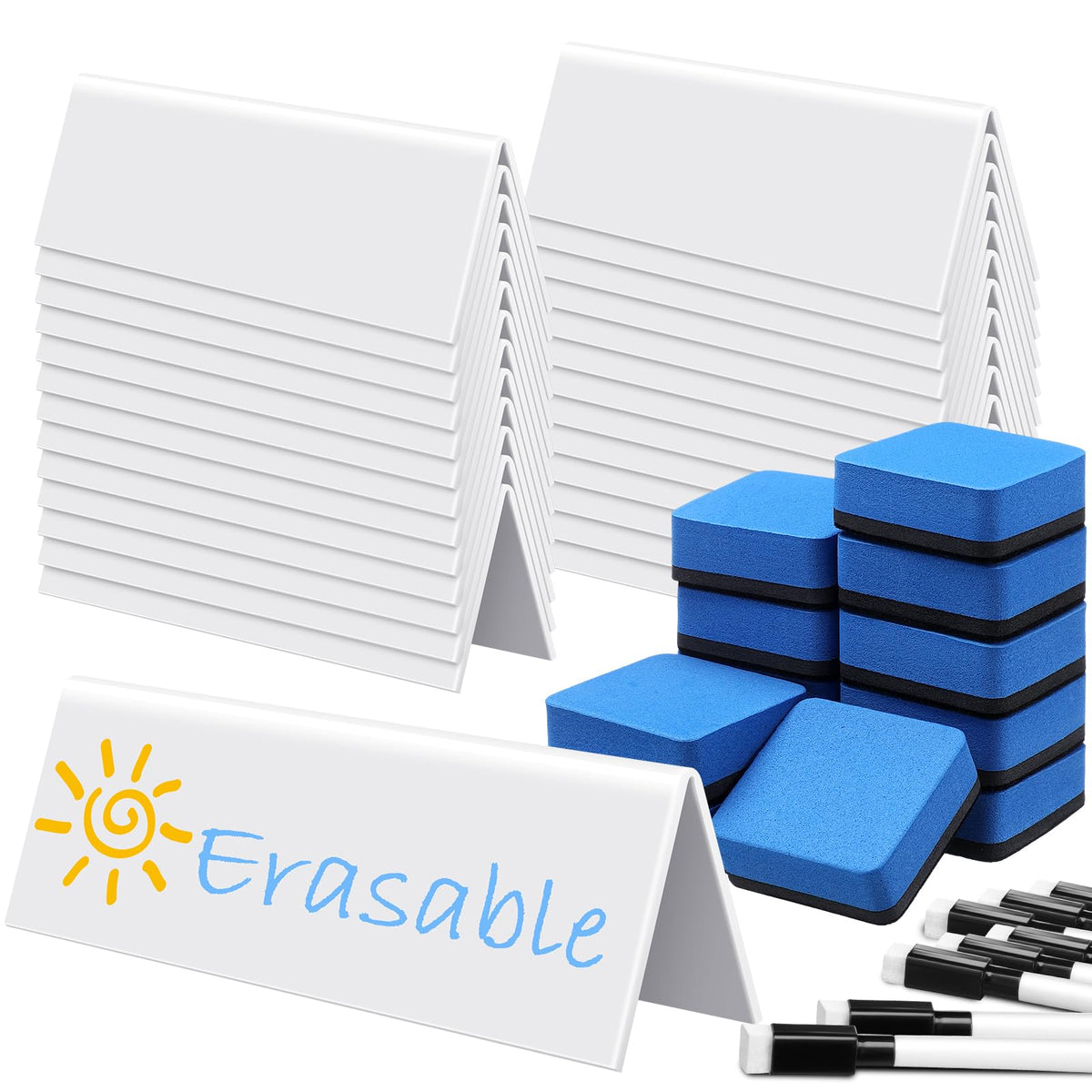 Seajan 24 Sets Reusable Name Tent Cards with Black Markers and Erasers