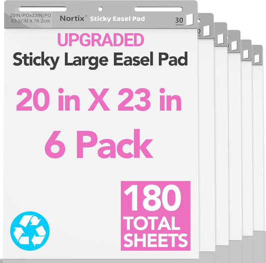 Nortix Sticky Easel Pad, Flip Chart Paper, 20 x23 inch, 30 Sheets/Pad, 6 Pads, Chart Paper for Teachers,Super Adhesive & Bleed-Resistant, Large Self-Stick Easel Paper for Classroom/Office/Home