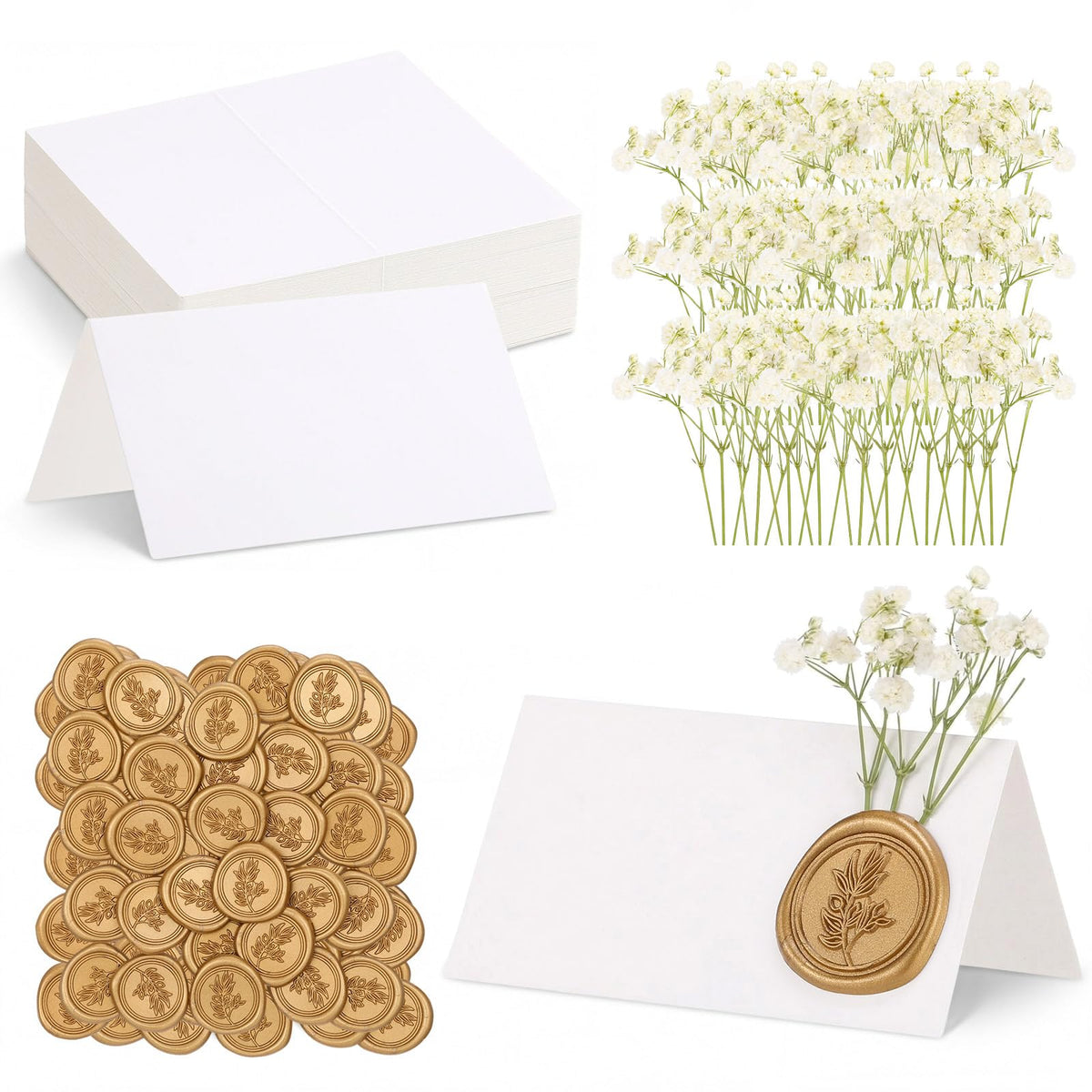 50 Place Cards Wax Seal,Gold Seal,Baby's Breath