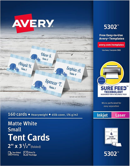 Avery 5302 Small Tent Card, White, 2 x 3-1/2, 4 Cards/Sheet, 160 Cards/Box