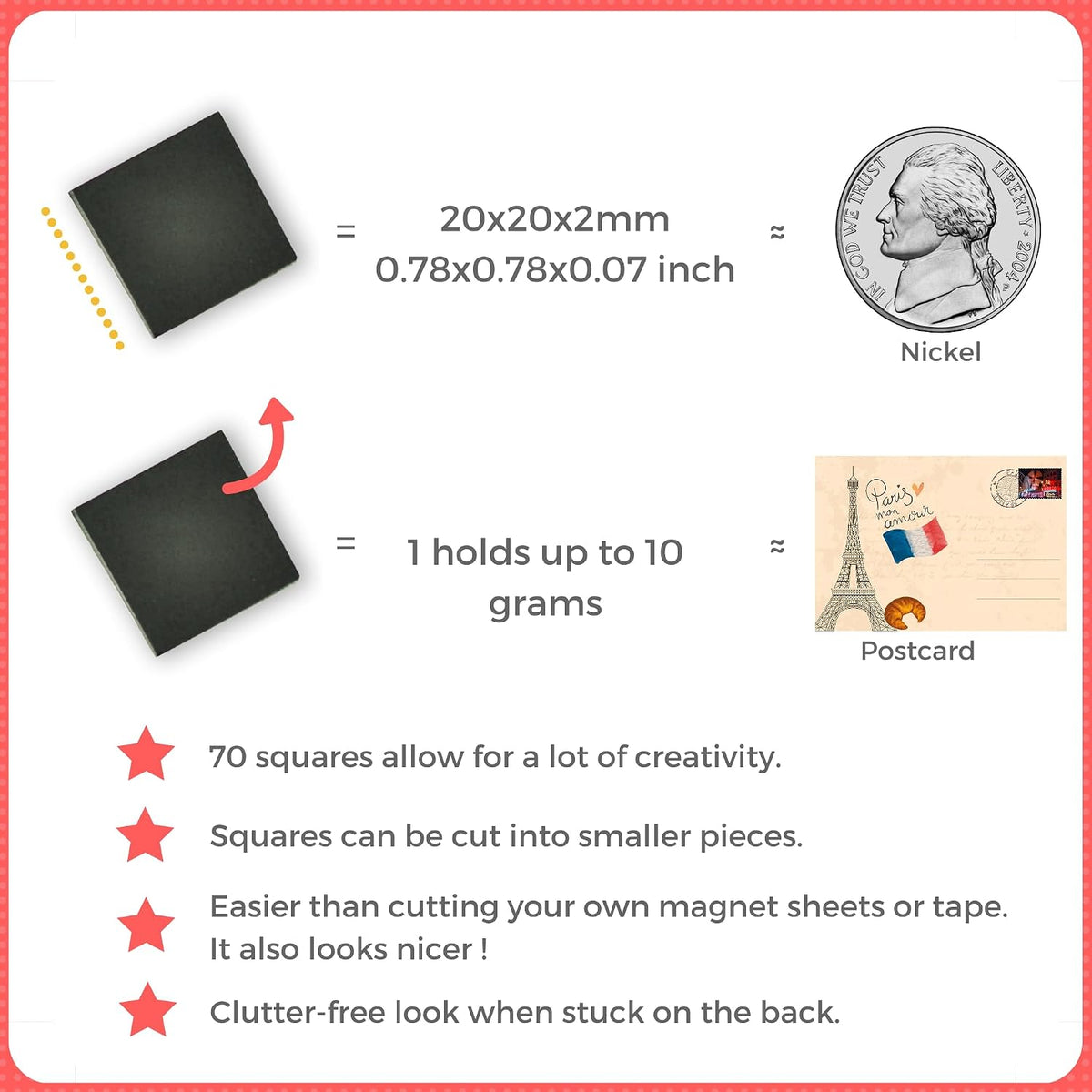 Magnefic Magnetic Squares, 1 Tape Sheet of 70 Magnetic Squares (Each 20x20x2mm), Magnet on one Side, Self Adhesive on the Other Side. Perfect for Fridge Organisation, Art Project, Vision Board