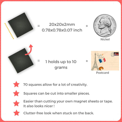 Magnefic Magnetic Squares, 1 Tape Sheet of 70 Magnetic Squares (Each 20x20x2mm), Magnet on one Side, Self Adhesive on the Other Side. Perfect for Fridge Organisation, Art Project, Vision Board