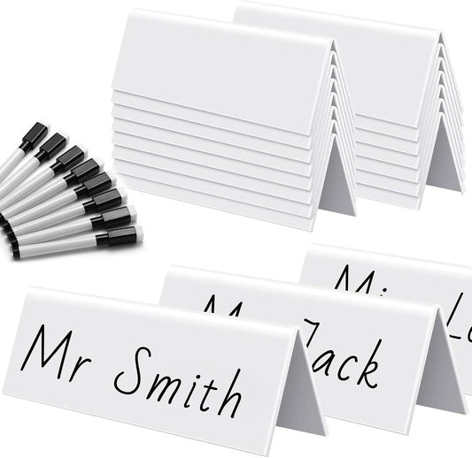 Acrylic Dry Erase Name Tent Cards, 15 Sets Reusable White Name Plates with Black Markers, 8.7 x 2.8 x 1.9 Inches Wipe Clean Desk Tags for Classroom, Office, Conference, Wedding