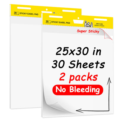 Super Sticky Easel Pad,25 in x 30 in Self Stick Flip Chart Paper,30 Sheets/Pad,2 Pad/Pack,Large White Premium Anchor Chart Paper,Easel Paper for Teachers,Businessmen,Office Workers