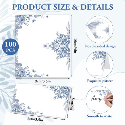 Whaline 100 Pcs Blue Floral Place Cards 2 x 3.5 Inch Tented Name Cards Chinoiserie Rose Flower Blank Seat Assignment Labels for Wedding Bridal Baby Shower Birthday Party Table Setting Supplies