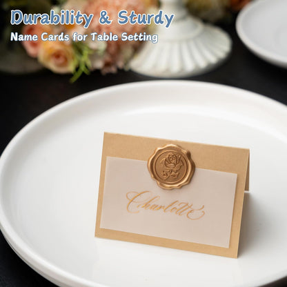25 Pack Name Cards for Table Setting, Printable Place Cards with Antique Gold Rose Wax Seal Sticker for Wedding, Table Tent Card Stock Decor for Party, Dinner, Home(Pearlized Champagne Gold)