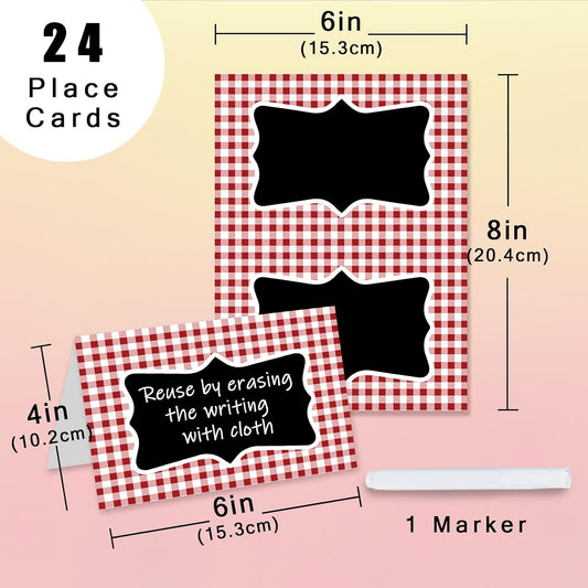24PCS BBQ Party Decorations, Place Cards for Table Setting Red Gingham Tent Card Plaid Chalkboard Signs with Marker Picnic Decor Food Labels for Buffet Birthday Baby Shower