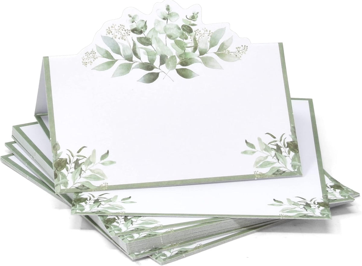 Gift Boutique 100 Pack Eucalyptus Greenery Place Cards Floral Green Leaves Seating Name Card Folded Tent Cards for Baby Shower Reception Tables Placement Party Decorations 2" x 3.5"