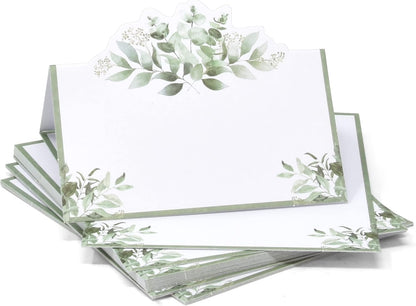 Gift Boutique 100 Pack Eucalyptus Greenery Place Cards Floral Green Leaves Seating Name Card Folded Tent Cards for Baby Shower Reception Tables Placement Party Decorations 2" x 3.5"