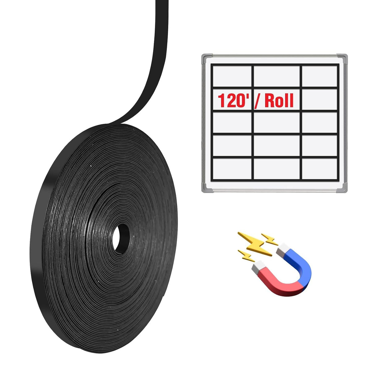 Magnetic Whiteboard Tape for Office,Fine Line Gridding Tape - 1/5 in x 40 yd x 24 mil,High Energy Thin Strip Magnets,Black 120 Feet