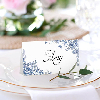 Whaline 100 Pcs Blue Floral Place Cards 2 x 3.5 Inch Tented Name Cards Chinoiserie Rose Flower Blank Seat Assignment Labels for Wedding Bridal Baby Shower Birthday Party Table Setting Supplies