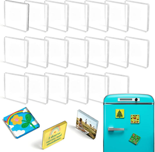 20 Pack 2"x2"x0.16" Clear Acrylic DIY Fridge Magnets Set with Adhesive Backing – Square Magnetic Photo Frames for Crafts, Kitchen, Classroom, Party & Office Decoration