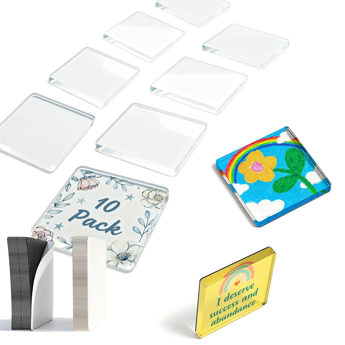 20 Pack 2"x2"x0.16" Clear Acrylic DIY Fridge Magnets Set with Adhesive Backing – Square Magnetic Photo Frames for Crafts, Kitchen, Classroom, Party & Office Decoration