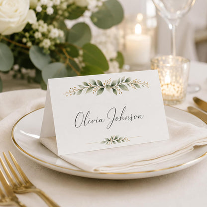 Place Cards for Table Setting, 50 Blank Wedding Place Cards with Greenery Branch Design, Name Cards for Wedding Reception, Dinner Party, Buffet Food Labels, Table Seating Cards