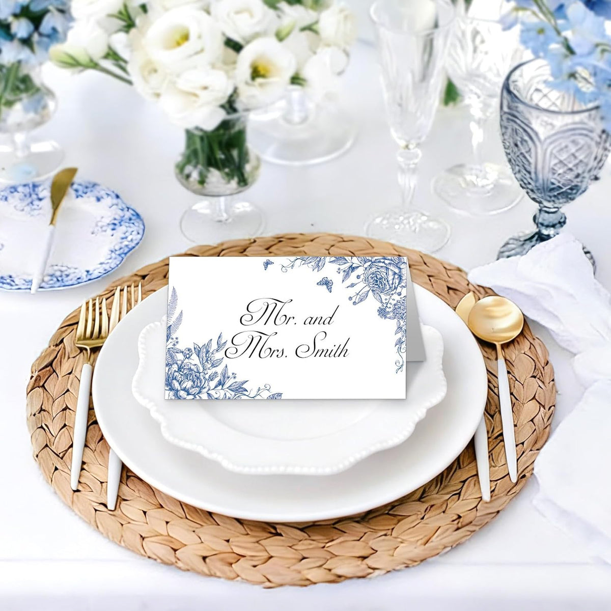 Whaline 100 Pcs Blue Floral Place Cards 2 x 3.5 Inch Tented Name Cards Chinoiserie Rose Flower Blank Seat Assignment Labels for Wedding Bridal Baby Shower Birthday Party Table Setting Supplies