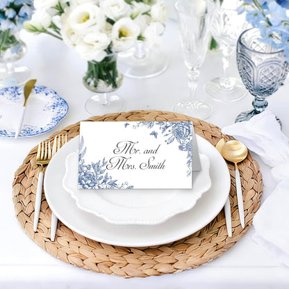 Whaline 100 Pcs Blue Floral Place Cards 2 x 3.5 Inch Tented Name Cards Chinoiserie Rose Flower Blank Seat Assignment Labels for Wedding Bridal Baby Shower Birthday Party Table Setting Supplies