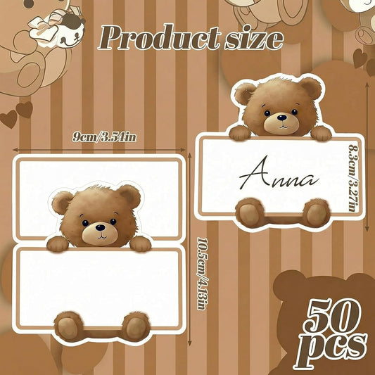 50PCS Cute Bear Place Cards, 3D Foldable Gender Reveal and Baby Shower Table Decorations, Teddy Bear Name Tag Labels Stickers for Birthday Party Table Setting Supplies, Name Tags (50)