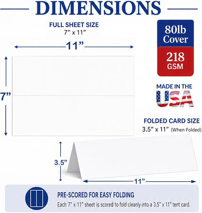 White Name Tent Cards 3.5" x 11" 80lb Cover (216gsm) - 25 Cards