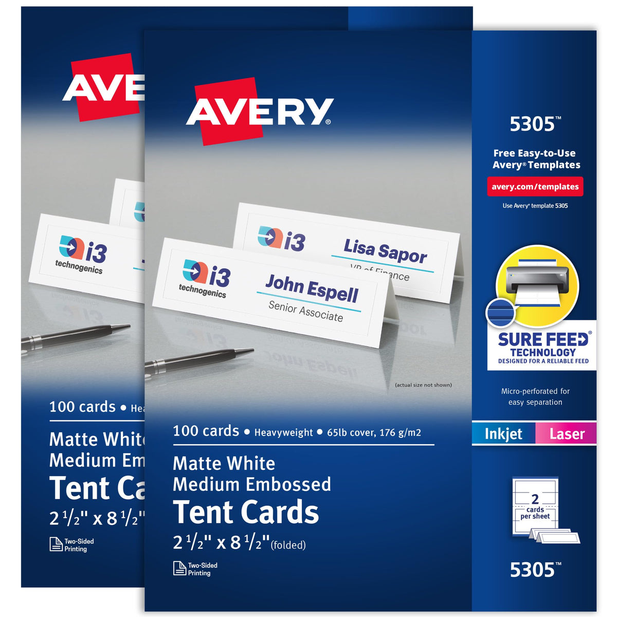 Avery Printable Tent Cards, 2.5" x 8.5", Matte White, 100 Place Cards