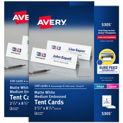 Avery Printable Tent Cards, 2.5" x 8.5", Matte White, 100 Place Cards