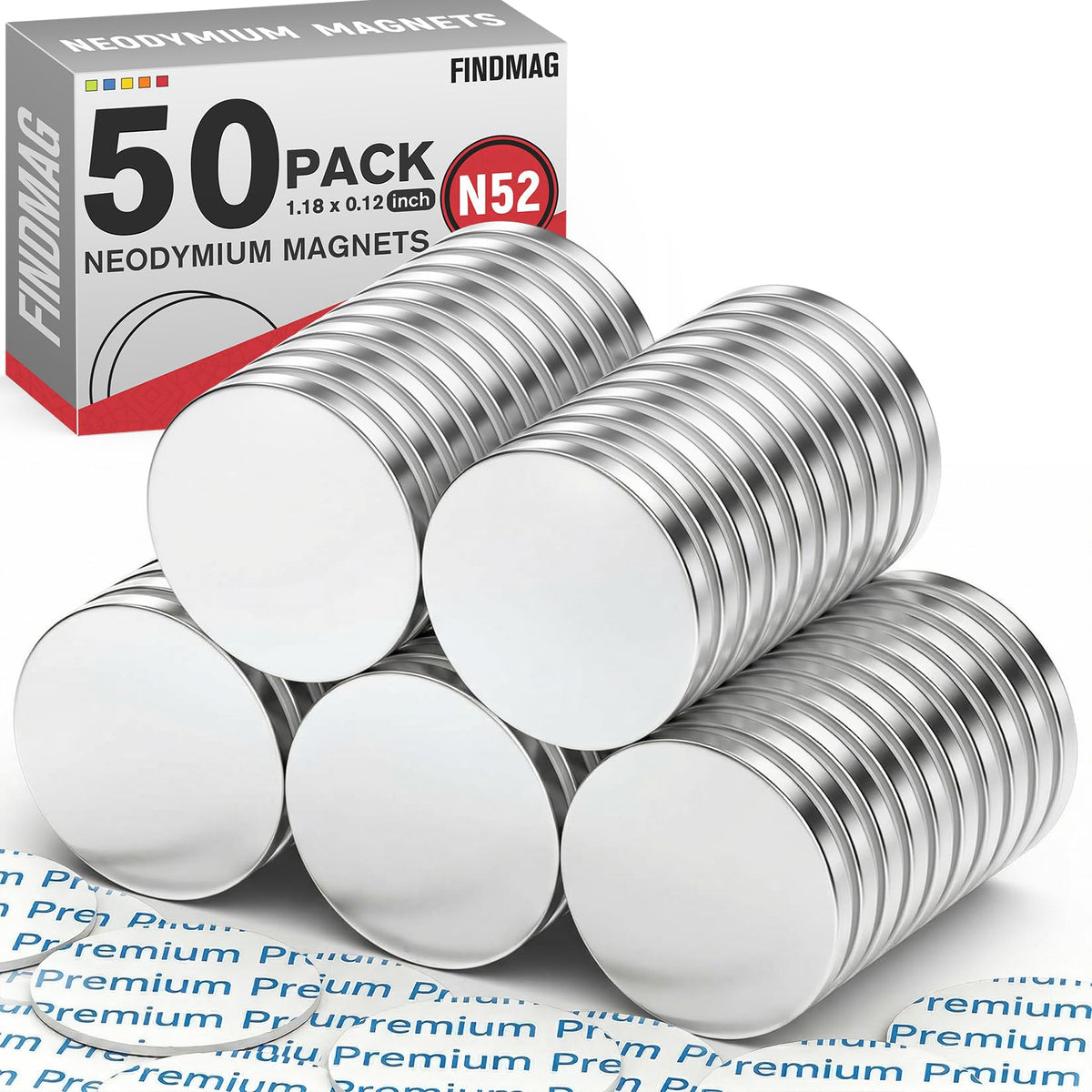 FINDMAG 4 Pcs Neodymium Disc Magnets, Adhesive Magnets, 1.18'' D x 1/8'' H