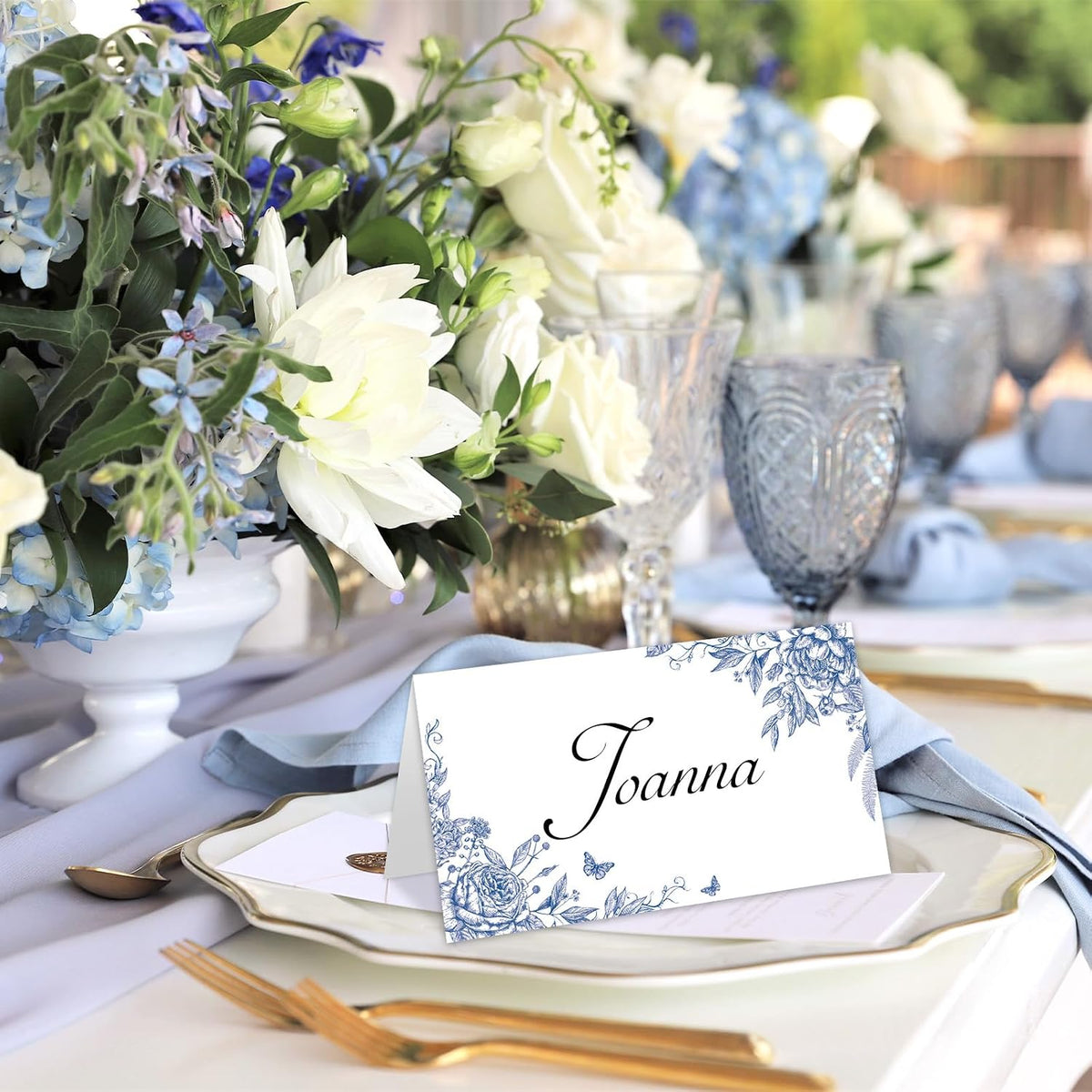 Whaline 100 Pcs Blue Floral Place Cards 2 x 3.5 Inch Tented Name Cards Chinoiserie Rose Flower Blank Seat Assignment Labels for Wedding Bridal Baby Shower Birthday Party Table Setting Supplies